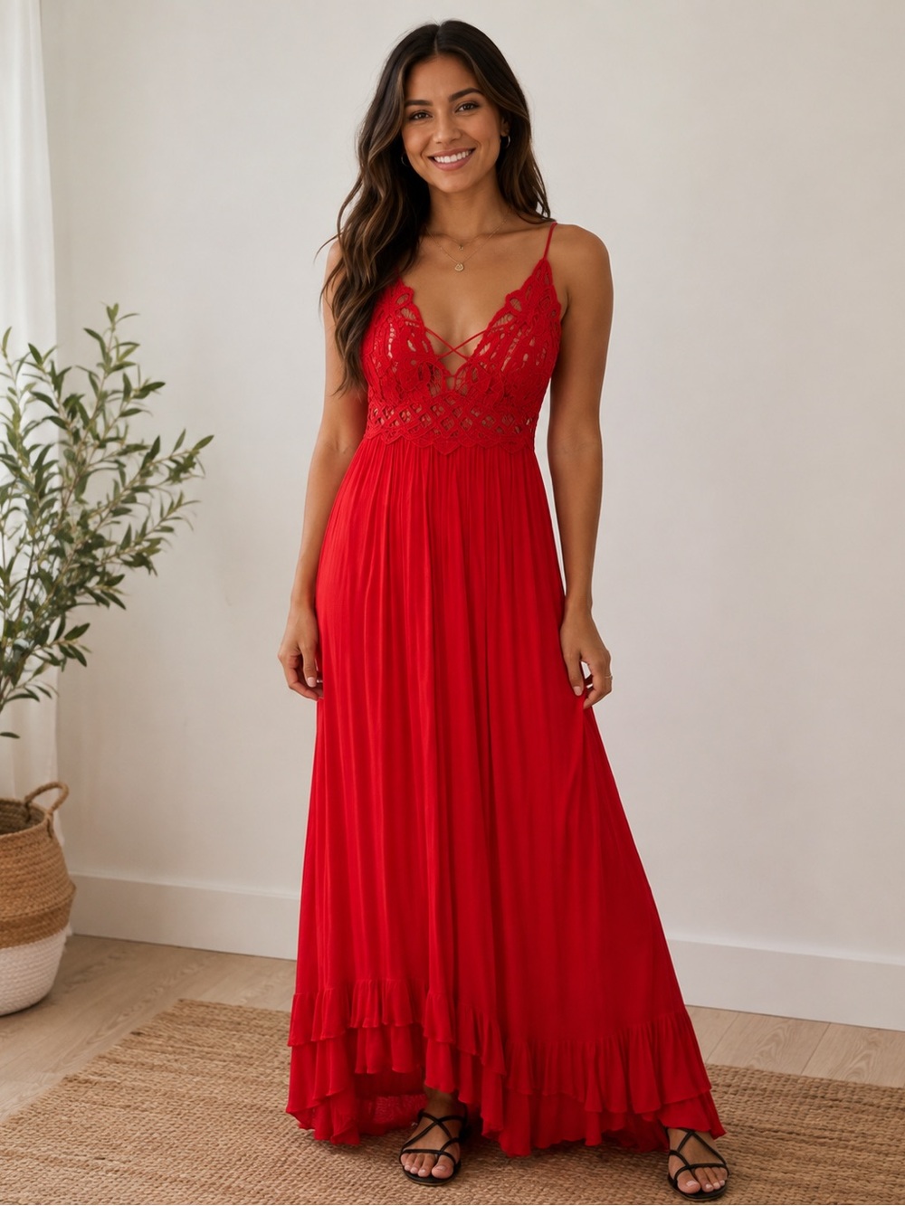 Free People Red Lace Maxi Dress with Crisscross Bodice